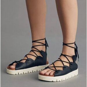 NWOT Pilcro Anthropologie Tie-Up Gladiator Sport Black Leather Sandals Sz 39